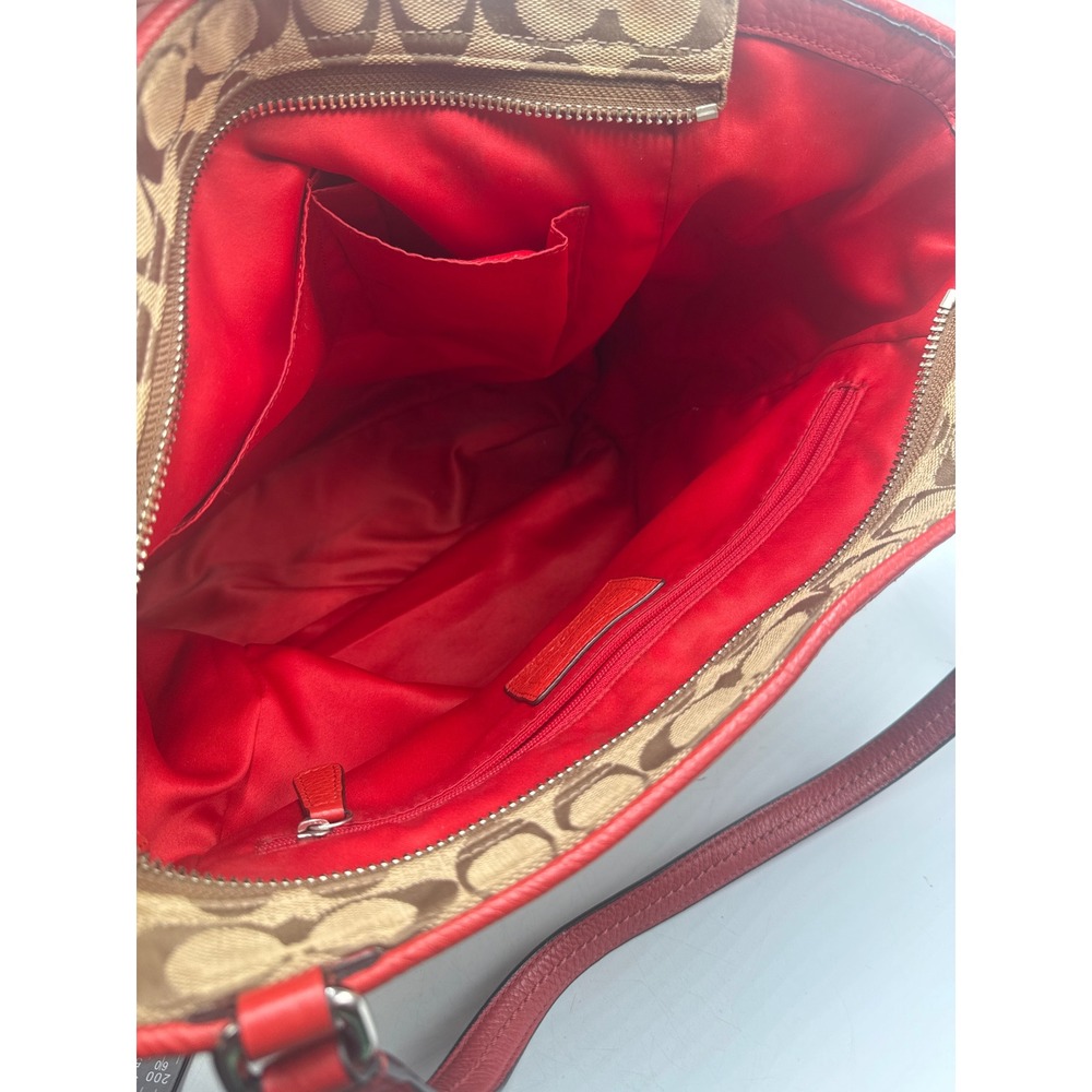 Coach Taylor Signature Tote Khaki Red Leather Trim Shoulder Bag F23295 - Picture 7 of 8